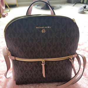 MICHAEL KORS Cindy MK Signature BROWN Large/ Backpack Bag Gold Logo Retails $298